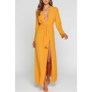 Camila Coelho Millie Plunge V Neck Maxi Dress Gown Long Sleeve Wrap Mango XSmall
